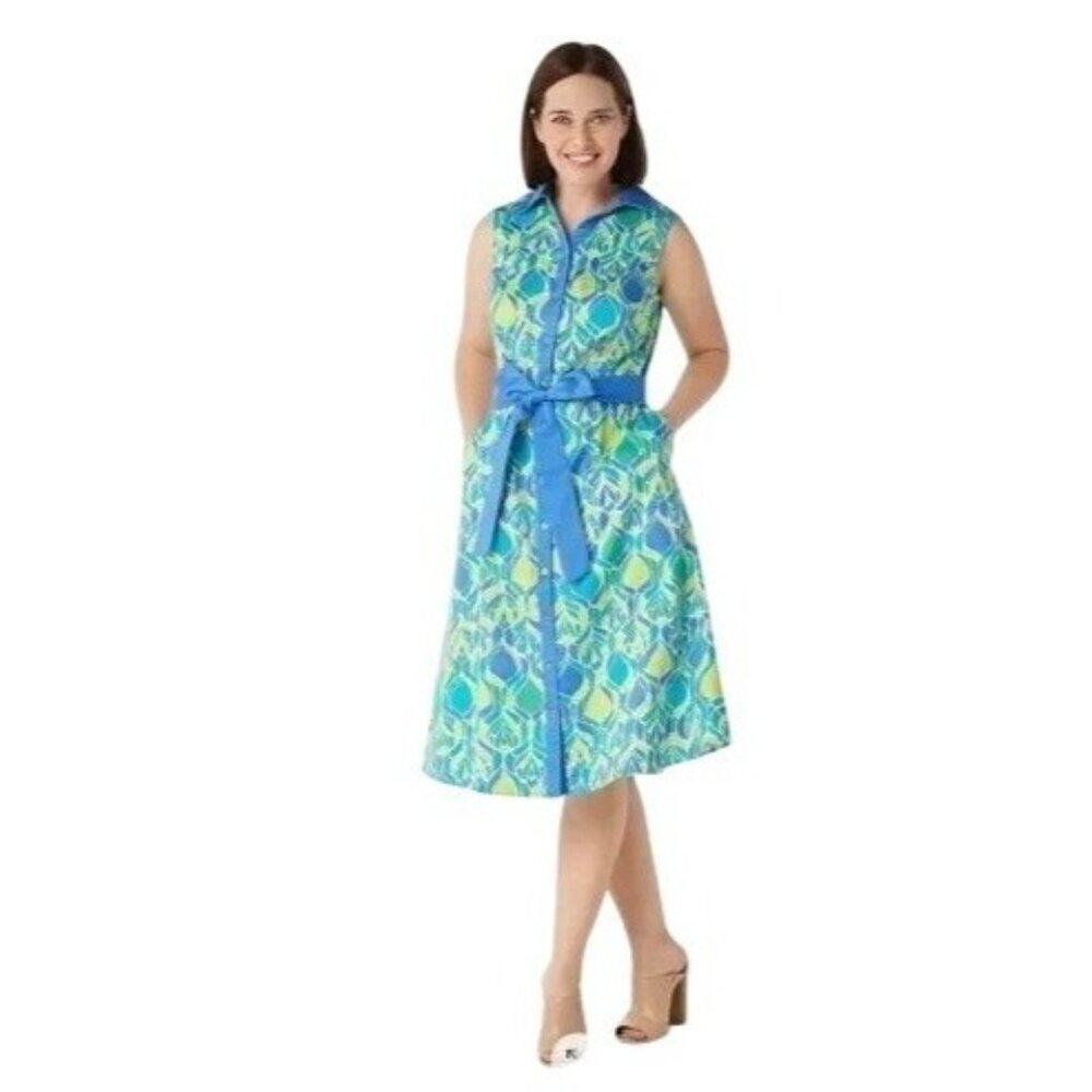 Isaac Mizrahi Live! Printed Cotton Sateen Dress Womens Size 20W Pockets Brunch